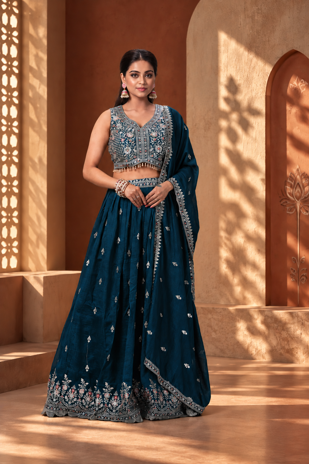 Royal Teal Embroidered Lehenga Set – Timeless Elegance