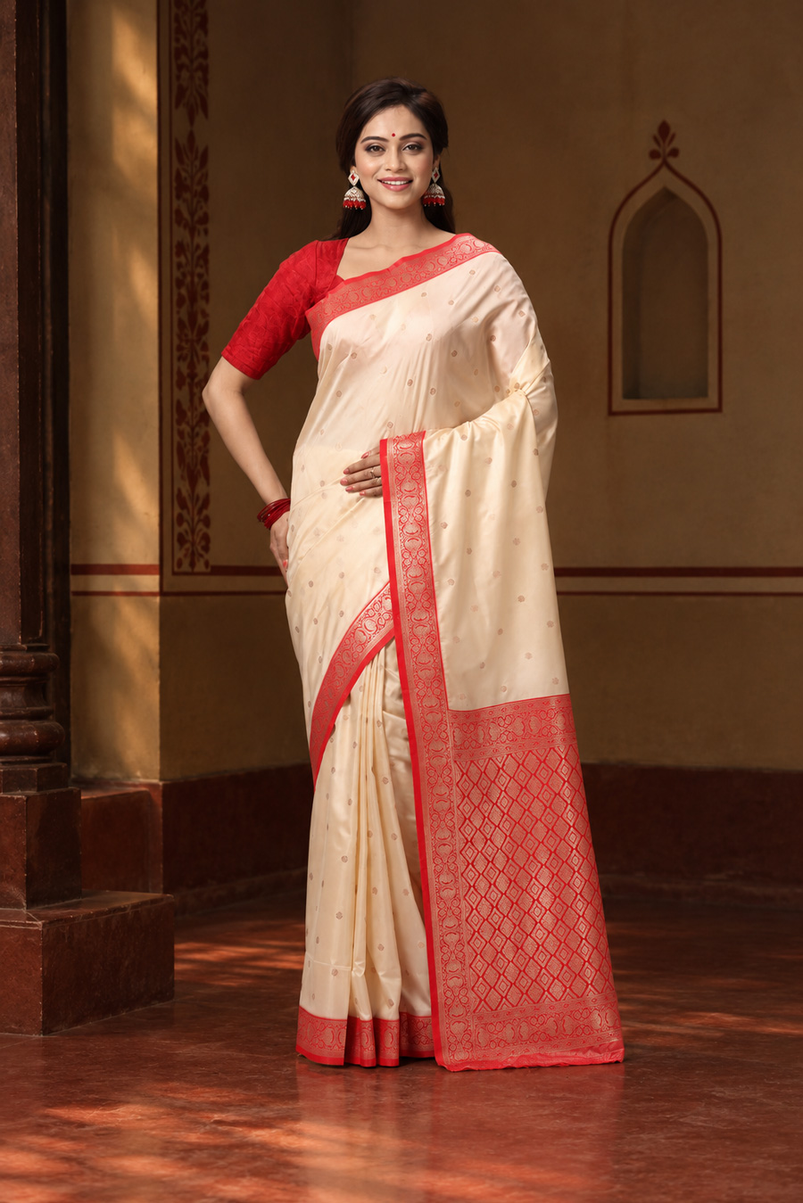 Belgaum Silk Saree – Off-White with Red Zari Border
