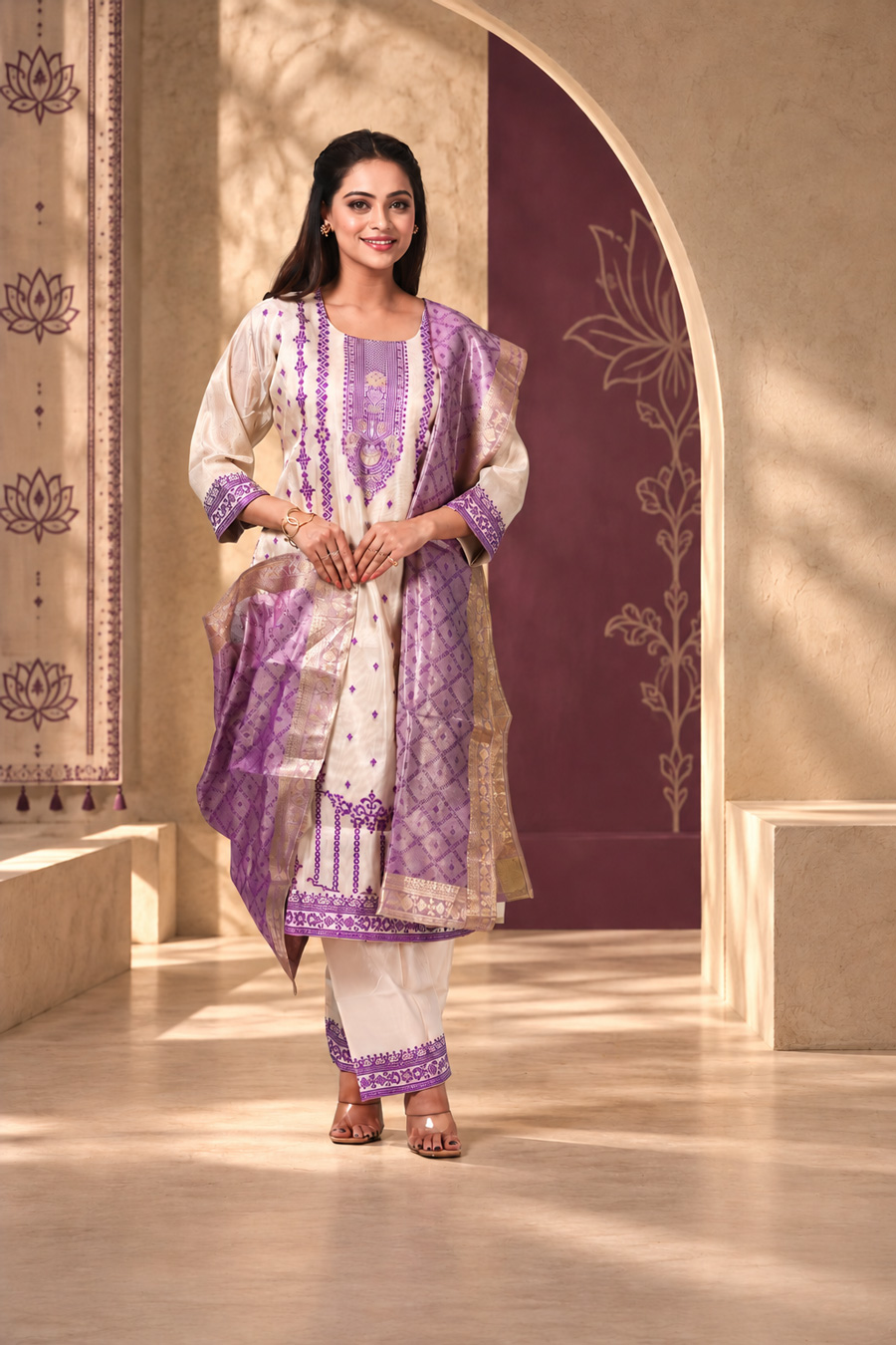 Elegant Ivory & Lavender 3-Piece Kurti Set