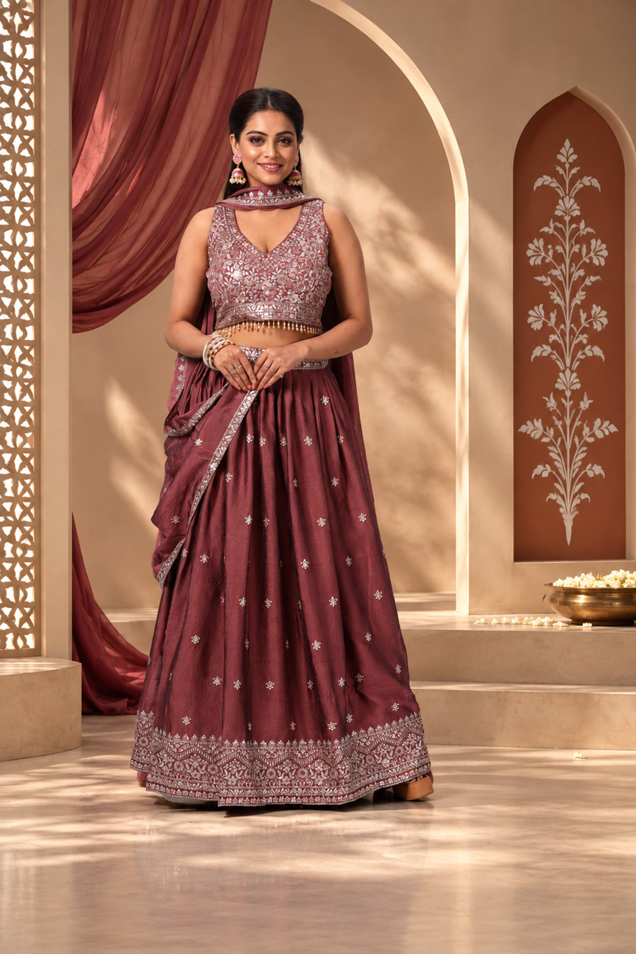 Elegant Wine Embroidered Lehenga Set