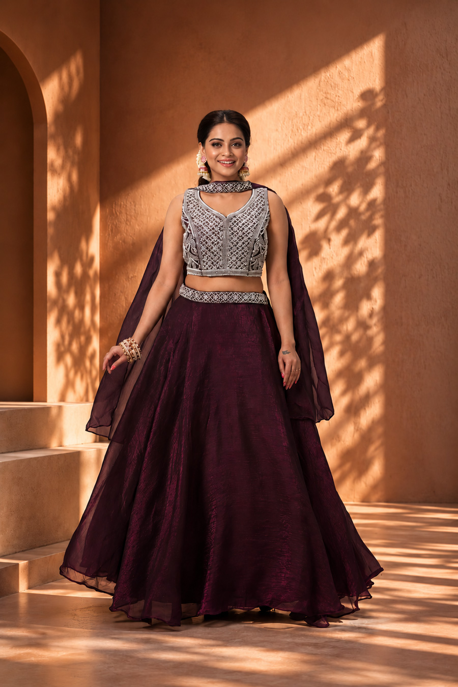Designer Wine Embroidered Lehenga Set