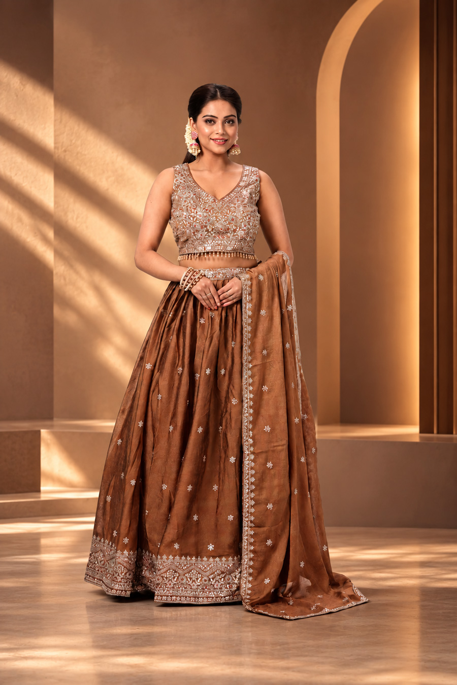 Women's Designer Bronze Embroidered Lehenga Set